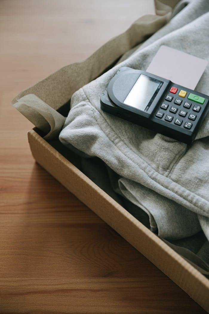 A credit card reader on a package of folded clothing, ready for shipping.