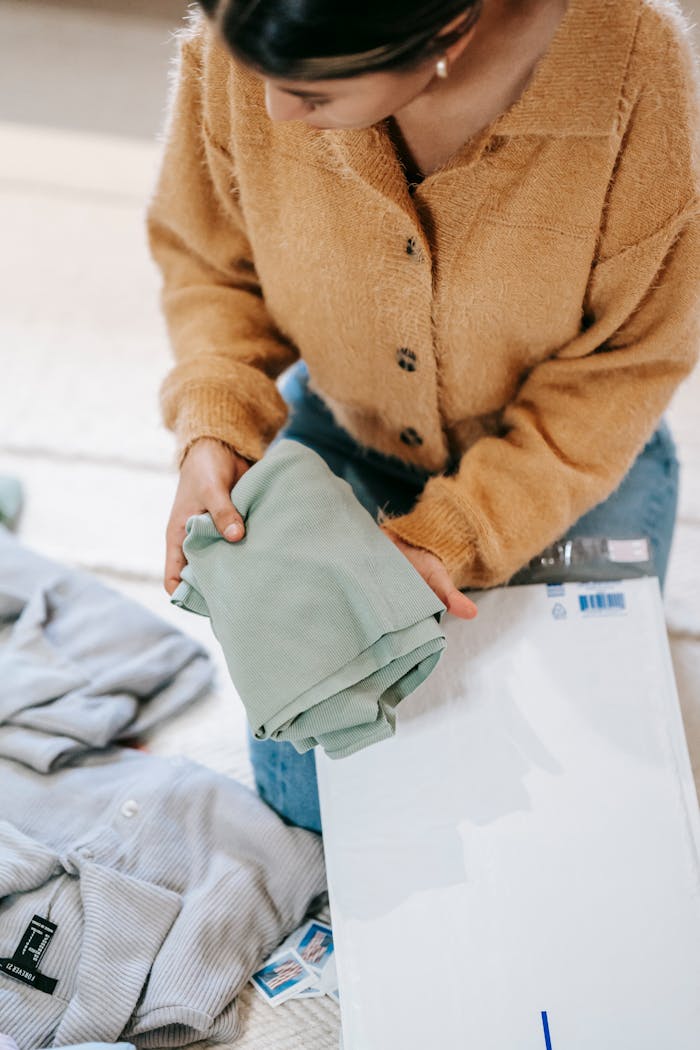 High angle of anonymous lady in casual outfit sitting on floor in light room while wrapping new clothes in shipping parcel bags
