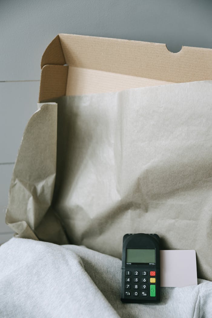 Image of a payment terminal with a cardboard box and paper, representing online shopping and contactless payment.